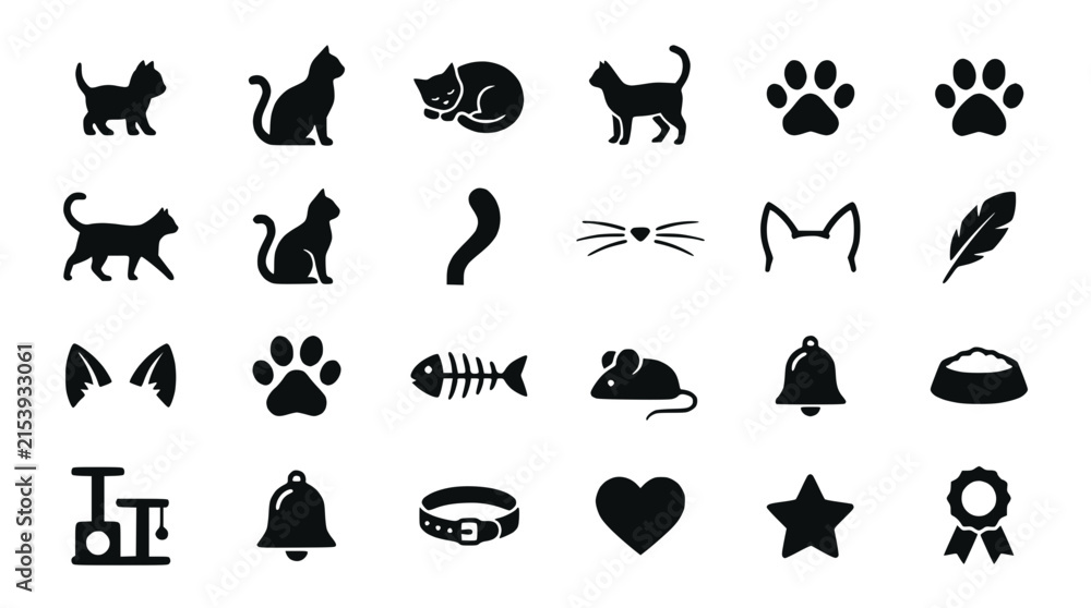 Fototapeta premium Cat Icons Set: Silhouettes, Paw Prints, Fishbone, Mouse, Bell, Collar, Heart
