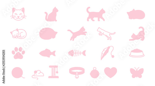 Cute Cat Icons Set: Kitten, Paw Print, Fish, Toy, Collar, Heart, Butterfly