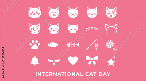 Cute Cat Icons Set: Faces, Paw Print, Fish, Yarn, Heart, Bell, Bowtie
