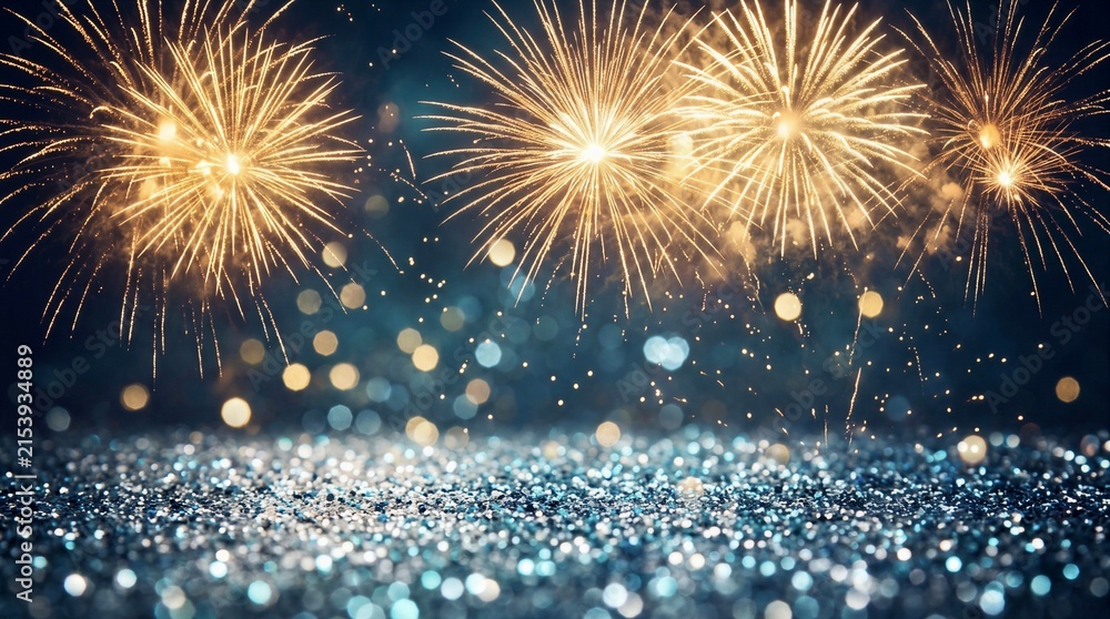 Fototapeta premium Golden Fireworks Explosion Over Shimmering Silver Glitter Background For New Year Celebration
