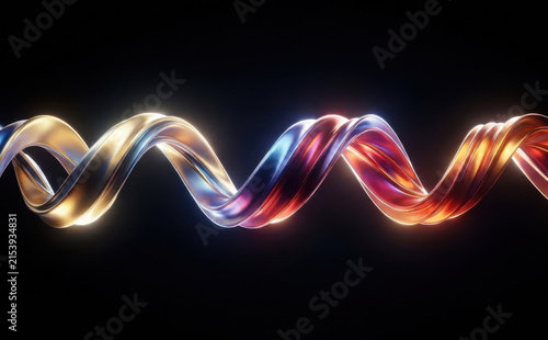 Abstract 3D metallic spiral ribbon with glowing colorful reflections on black background for digital art