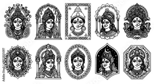 Maa Durga goddess line drawing vector collection with traditional crown jewelry and devotional festival icon designs
