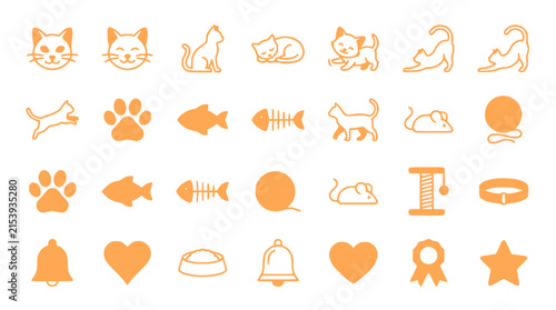 Cute Cat Icons Set: Isolated Orange Line Art Symbols on Transparent Background