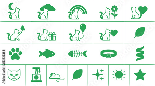 Green Cat Icons Collection, Isolated Vector Graphics, Transparent Background