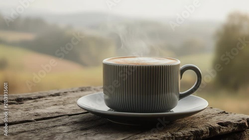 coffee in a handcrafted artisanal ceramic cup, steam flowing smoothly in slow motion, set on weathered wooden table surrounded by greenery, warm golden hour glow