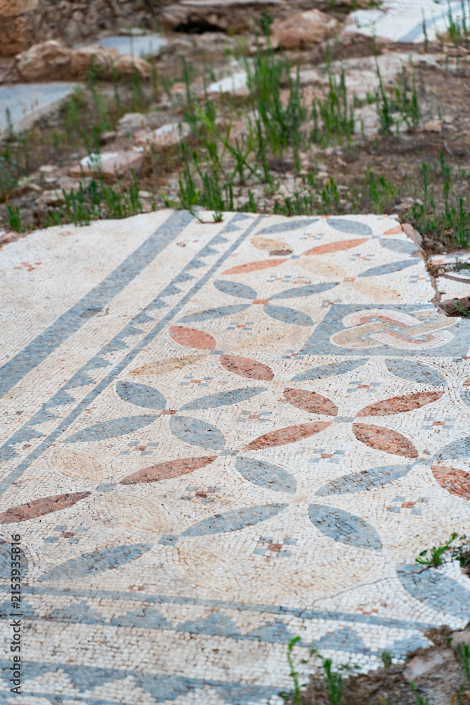 Fototapeta premium Ancient Roman Mosaic Floor with Geometric Decorative Pattern at Syedra Archaeological Site, Turkey