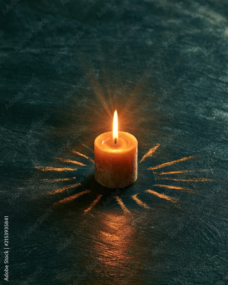 Fototapeta premium A candle glows brightly in the center of a blackboard covered in chalk art. The glowing rays from the candle create a warm atmosphere in a cozy room.