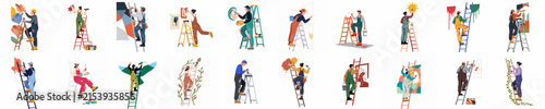 A comprehensive set of flat vector illustrations showing diverse people using ladders for home renovation, painting, gardening, and maintenance tasks on white backgrounds.