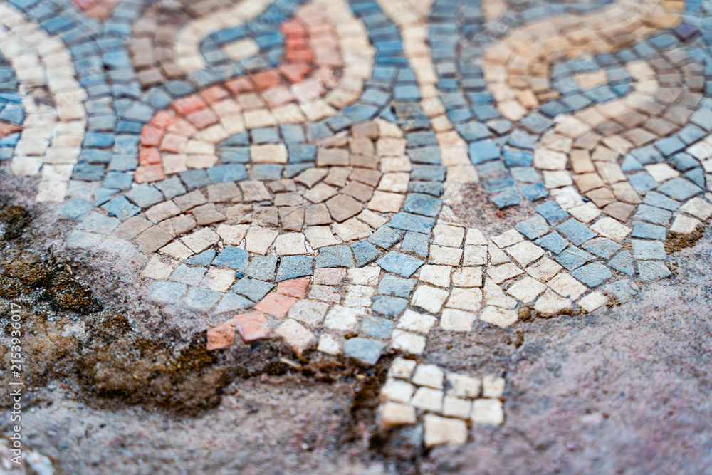 Fototapeta premium Ancient Roman Mosaic Floor with Geometric Decorative Pattern at Syedra Archaeological Site, Turkey