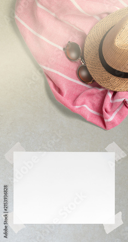 Summer Holiday Vacation Trip Mockup Concept Wallpaper with White Blank Free Space Paper Sheet with Adhesive Tape on Stone Surface. File with Clipping Path.