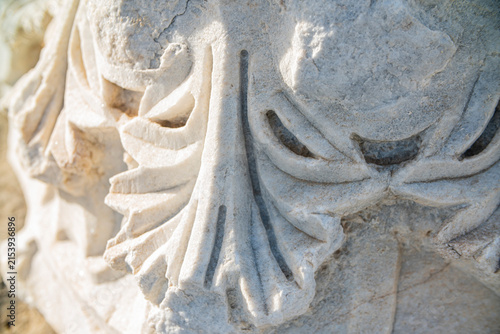 Closeup of ancient Roman marble relief carving with floral acanthus leaf decoration at archaeological site