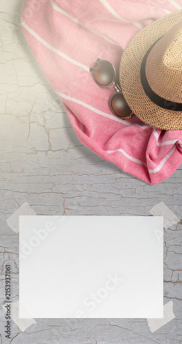 Summer Holiday Vacation Trip Mockup Concept Wallpaper with White Blank Free Space Paper Sheet with Adhesive Tape on Wooden Surface. File with Clipping Path.