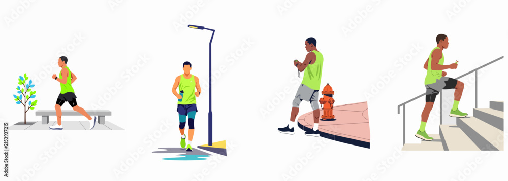 Fototapeta premium Set of flat vector illustrations of a man in bright athletic wear running, checking his watch, and climbing stairs in various urban locations.