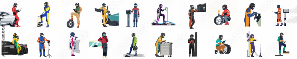 Fototapeta premium Comprehensive collection of twenty diverse pit crew members and mechanics in colorful racing gear and helmets, posing with equipment on white backgrounds.