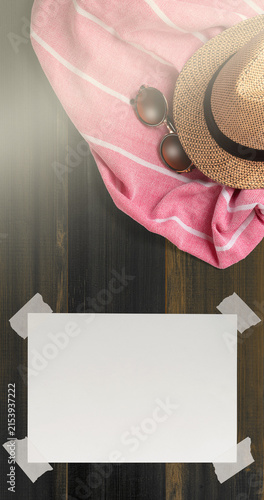 Summer Holiday Vacation Trip Mockup Concept Wallpaper with White Blank Free Space Paper Sheet with Adhesive Tape on Wooden Surface. File with Clipping Path.