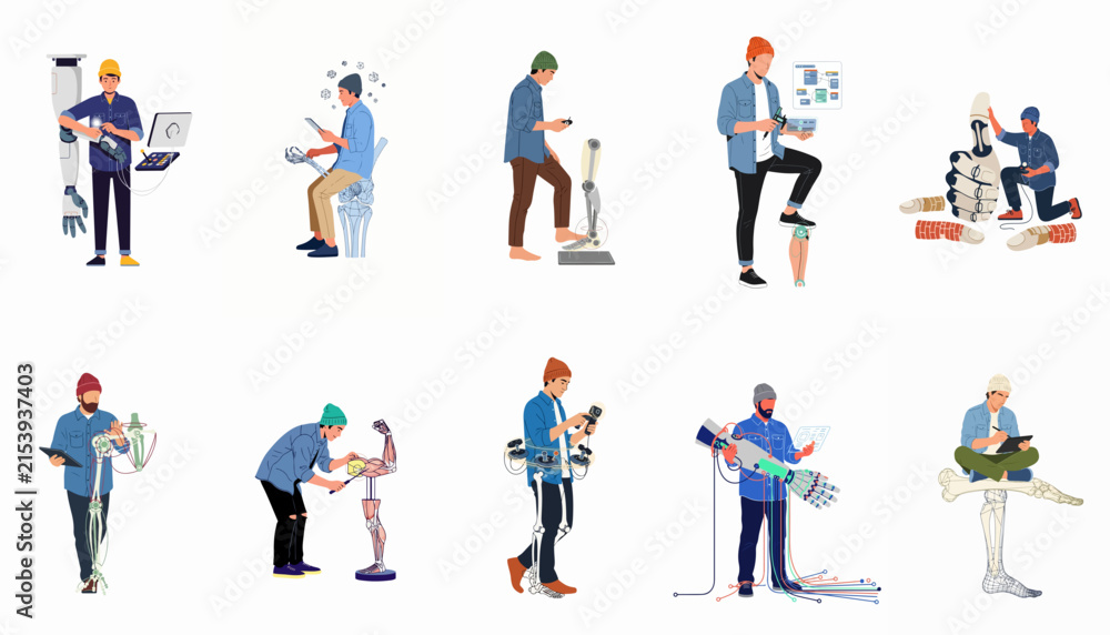 Fototapeta premium Collection of illustrations featuring people engineering, assembling, and controlling various robotic arms, prosthetic limbs, and advanced bionic technology on white background.