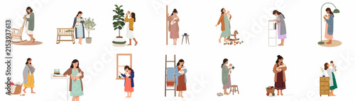 фотографія Set of minimalist flat vector illustrations depicting mothers with babies in various domestic settings and everyday life activities