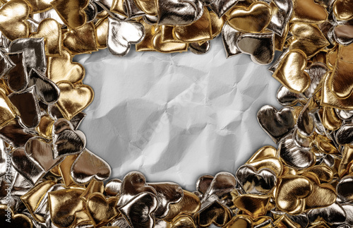 Gold And Silver Hearts Frame With Crumpled Empty Center