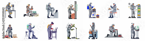 Flat vector illustrations of scientists and engineers in futuristic hazmat suits and spacesuits performing various technical and laboratory tasks on a white background.