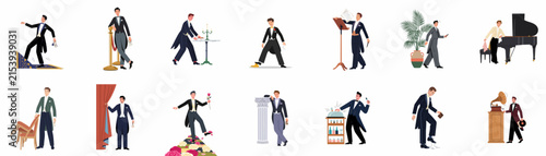 Collection of vintage-style character illustrations showing elegant men in formal evening suits and tuxedos in various poses and settings.