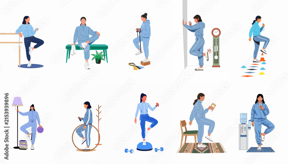 Fototapeta premium Collection of flat vector illustrations showing women practicing balance and coordination exercises in various everyday home settings.