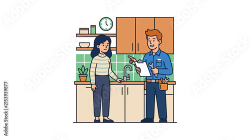 Plumber Inspecting Kitchen Sink with Homeowner