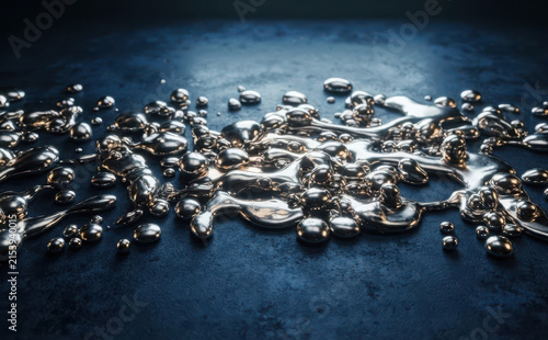 Liquid silver mercury metal droplets melting on dark textured surface concept