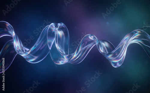 Abstract glass ribbon flowing wave 3D render, futuristic transparent fluid sculpture design for digital background and tech concept illustration