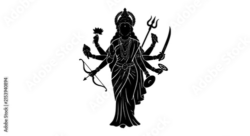 Hindu goddess Durga multiple arms black silhouette vector with traditional crown and devotional symbols