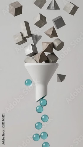 Motion graphics of stone blocks falling into a funnel and emerging as blue glass spheres.