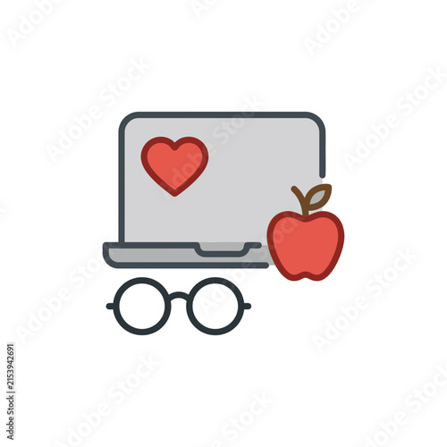 Laptop icon with heart apple and spectacles.