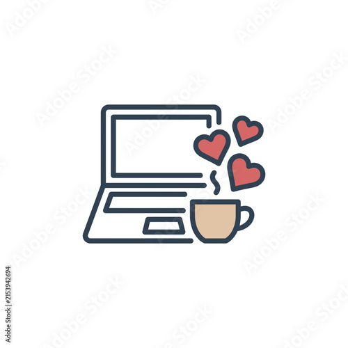 Laptop computer with coffee mug and red floating hearts