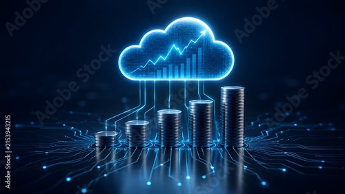 Glowing blue digital cloud with upward financial chart above stacks of silver coins on circuit board, symbolizing cloud computing investment and digital wealth growth.