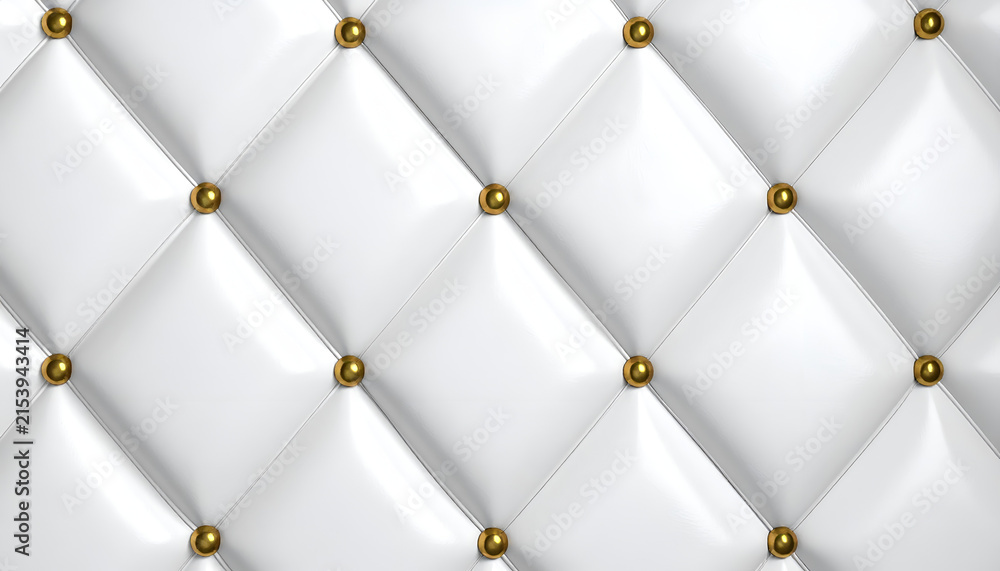 Naklejka premium Close-up of a luxurious quilted white surface, showcasing diamond pattern with golden button accents. The high-gloss finish reflects light