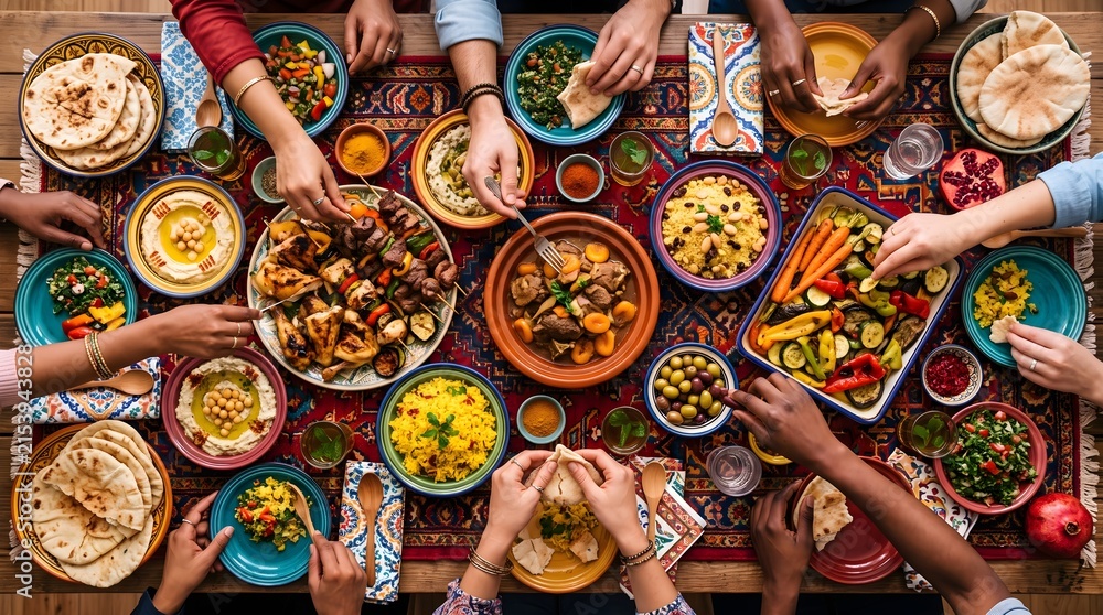 Fototapeta premium Group of friends sharing a mediterranean feast dinner party table overhead view