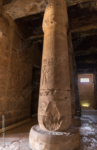 Abydos, Egypt, 13th century BC. Temple of Seti I (New Kingdom). Temple interior, columns, vaults, bas-reliefs, hieroglyphs.