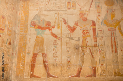 Abydos, Egypt, 13th century BC. Temple of Seti I (New Kingdom). Relief carvings on the walls of the temple.