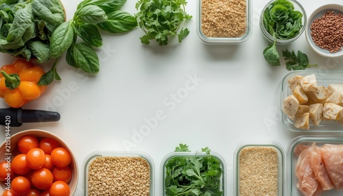 Fresh Ingredients for Healthy Meal Prep: A vibrant overhead view showcases an array of fresh, wholesome ingredients meticulously arranged for healthy meal preparation.