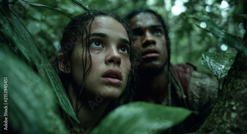 Young man and woman hide behind large wet leaves in dense jungle, looking alert and cautious in humid environment
