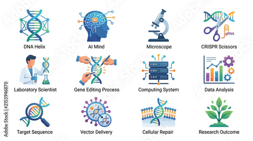 Biotechnology Icons: DNA, AI, Science, Research, Gene Editing, Microscopy, Data