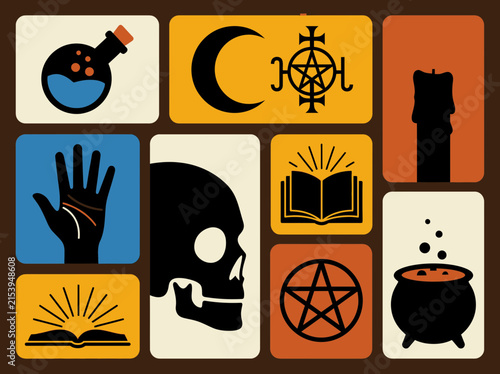 Принти на полотні Occult and Magic Icon Collection featuring Skull, Pentagram, and Witchcraft Symb