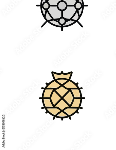 Global network and geometric sphere icons.