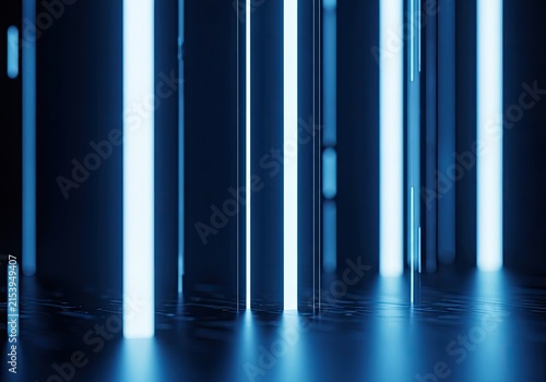 Abstract Blue Neon Light Vertical Columns Reflecting on Wet Surface.