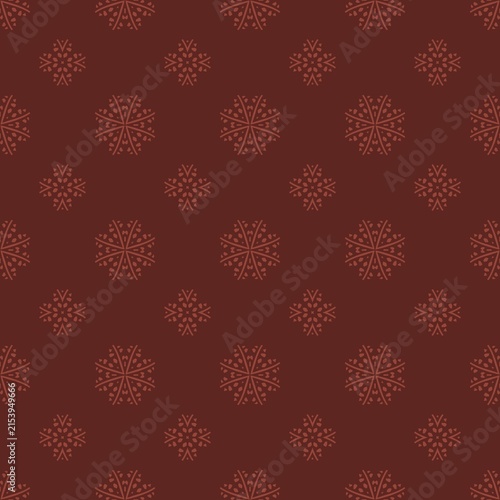Red snowflakes pattern on deep brown background. Symmetrical designs repeat evenly across surface. Delicate frosty shapes create cozy holiday feel. Uniform spacing gives elegant, seamless look