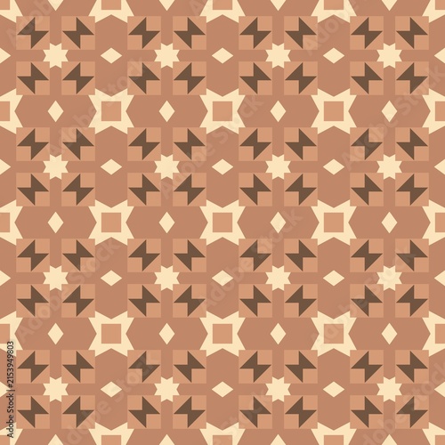Geometric pattern features repeating star and diamond shapes. Brown and beige tones create elegant visual texture. Design ideal for textiles, wallpapers, or branding