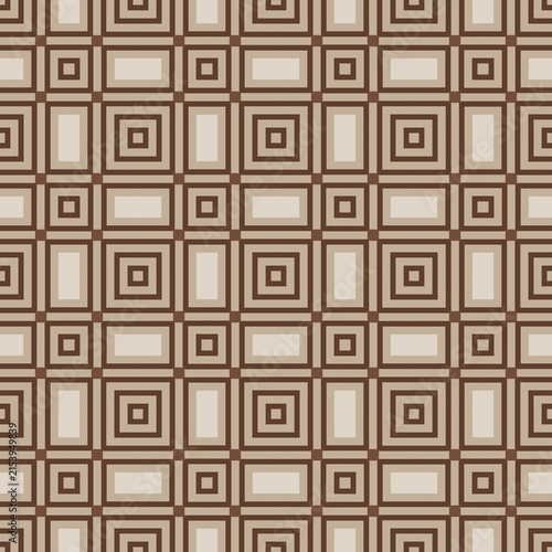 Geometric pattern of nested squares in earthy tones. Repeating design features layered rectangles and smaller centers. Soft beige and brown hues create warm, textured look. Suitable for interior