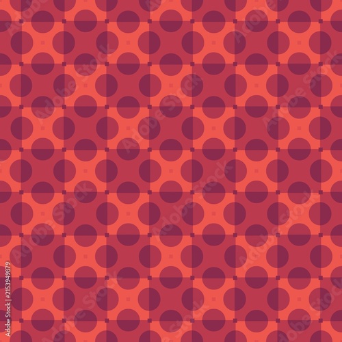 Red-orange circles form a repeating geometric pattern. Uniform shapes align in neat rows and columns. Vibrant hues create a bold, eye-catching design