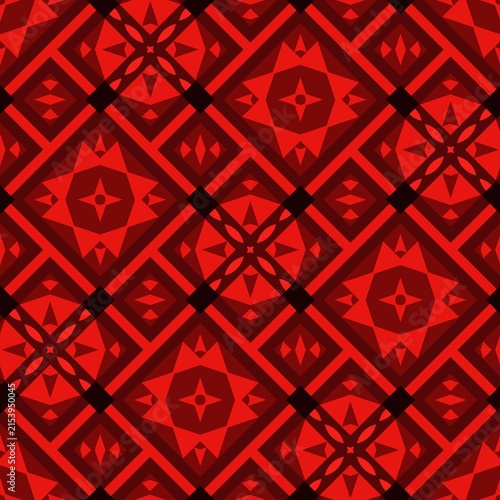 Bold red geometric pattern repeats across a seamless background. Symmetrical shapes form a striking, ornamental design. Deep tones contrast sharply against dark outlines. Perfect for textiles