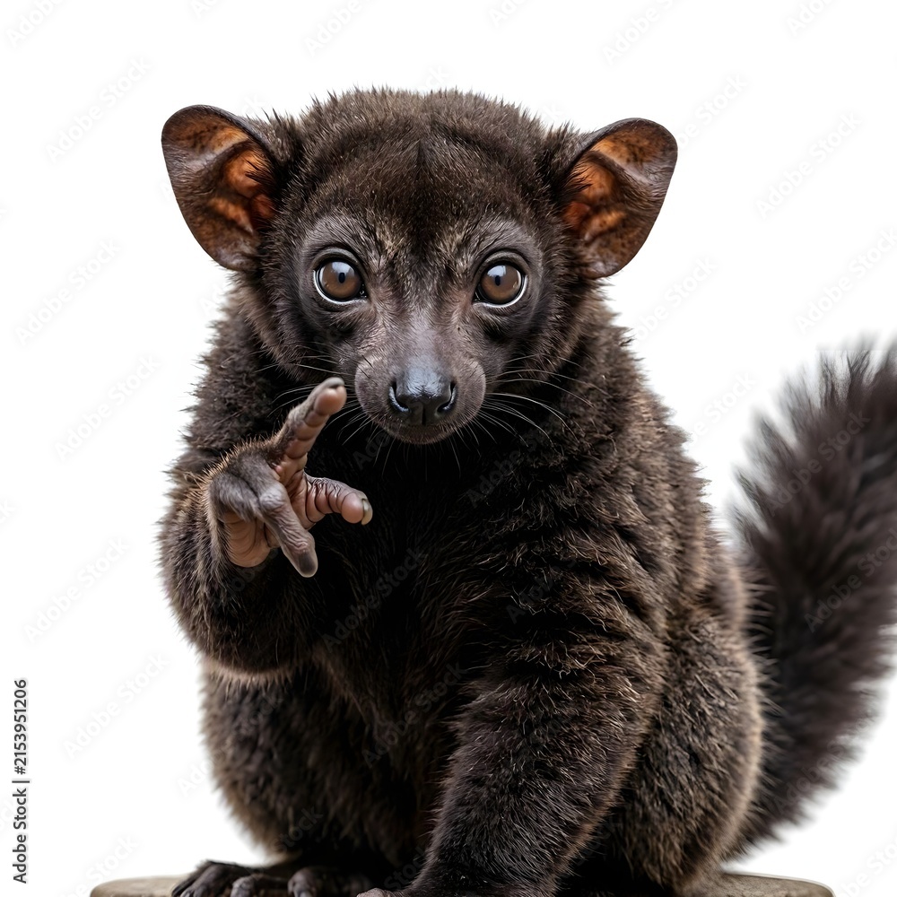 Obraz premium Aye-aye lemur Daubentonia madagascariensis close up portrait isolated on white background nocturnal Madagascar primate endangered species