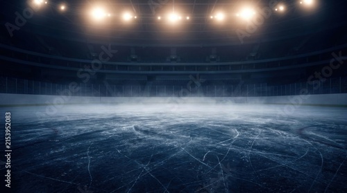 Empty Frozen Ice Hockey Rink Surface Under Bright Spotlight In Arena